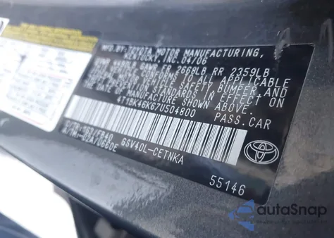 2007 Toyota Camry Le V6 z USA, uszkodzony, nr VIN 4T1BK46K67U504800